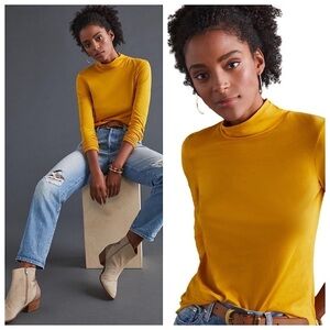 NEW! ANTHROPOLOGIE GAUZY MOCK NECK Long Sleeve Top NWT Size XS Mustard Yellow